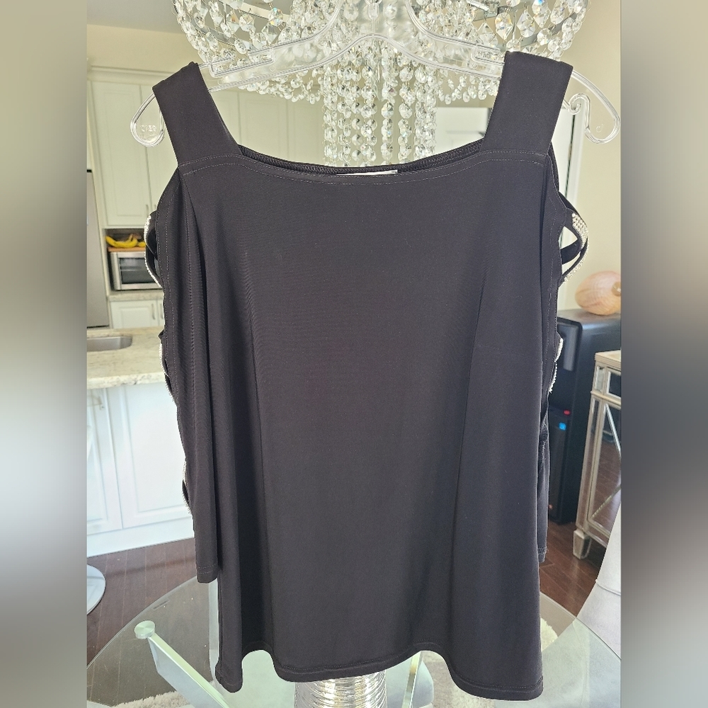 Joseph Ribkoff rhinestone Black Long Sleeve Top with Cutout Details - Picture 5 of 7